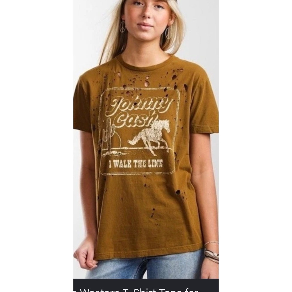 Johnny Cash‎ I Walk The Line Distressed Graphic T-Shirt Dijon Mustard Small NWT
